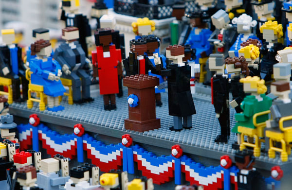 		<p>More than a thousand four inch high mini-figures are shown on display as Legoland unveils a replica of the 56th presidential inauguration in Carlsbad, California January 16, 2009. President-elect Barack Obama his wife and family are shown at left as 