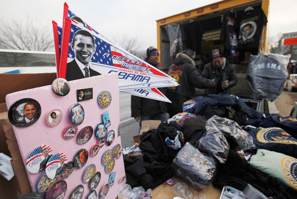 		<p>Vendors sell President-elect Barack Obama merchandise as preparations continue for the inauguration at the U.S. Capitol in Washington January 19, 2009.       </p>