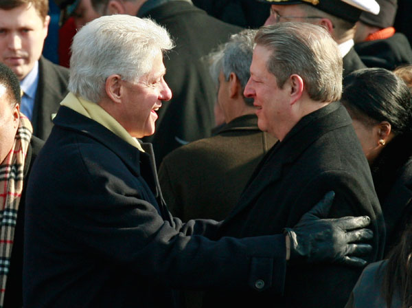 		<p>Former President Bill Clinton (L) greets former Vice President Al Gore during the inauguration ceremony for President-elect Barack Obama in Washington, January 20, 2009.       </p>