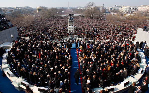 		<p>President-elect Barack Obama (bottom C) walks out to take the Oath of Office as the 44th President of the United States during the inauguration ceremony in Washington, January 20, 2009.       </p>