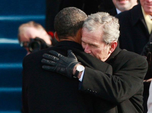 		<p>Former U.S. President George W. Bush embraces President Barack Obama, the 44th President of the United States, after Obama's inaugural address at the inauguration ceremony in Washington, January 20, 2009.        </p>