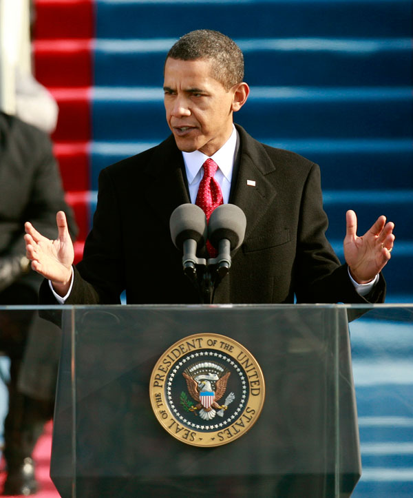 		<p>U.S. President Barack Obama delivers his inaugural address during the inauguration ceremony in Washington January 20, 2009.</p>