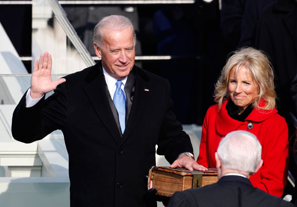 		<p>Joe Biden, with his wife Jill at his side, is sworn-in as Vice President of the U.S. by Justice Stevens during the inauguration ceremony of Barack Obama as the 44th President of the United States in Washington, January 20, 2009.</p>