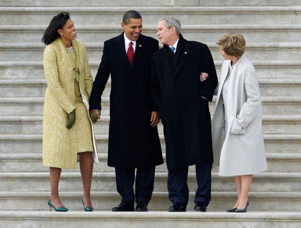 		<p>U.S. President Barack Obama and first lady Michelle Obama talk with former President George W. Bush and his wife Laura during the departure ceremony at the inauguration in Washington January 20, 2009.</p>