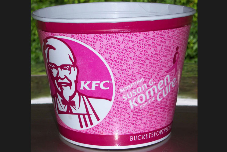 The Komen foundation teamed up with KFC for a 2010 campaign that promoted breast cancer awareness and fried chicken too. The promotion was done to raise millions of dollars for the foundation, but critics accused the charity of "pinkwashing" by partnering