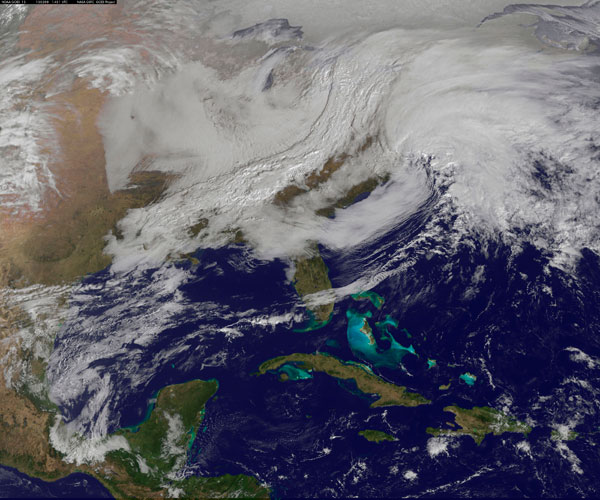 		<p>Winter storms are seen over the northeastern United States in this February 8, 2013 GOES satellite image courtesy of NOAA. The northeastern United States braced on Friday morning for a blizzard that could drop up to three feet (nearly one meter) of s