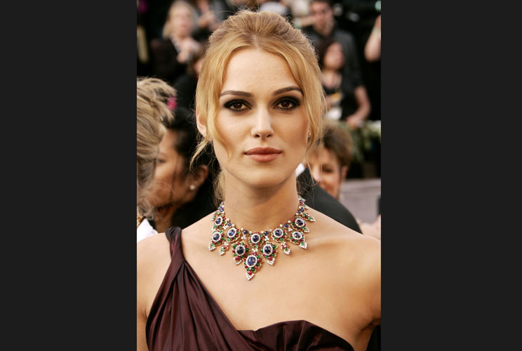 Best actress nominee Keira Knightley arrives at the 2006 Academy Awards. Knightley is wearing a 1960's Bulgari necklace.