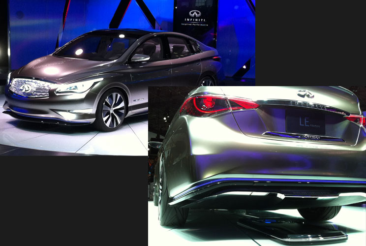 Infiniti showed off its Nissan Leaf based LE Concept which, besides being beautiful, sports a zero-emissions drivetrain and a unique wireless induction charging system that charges the car when parked over a boogie-board-sized pad in your garage. <br/><br