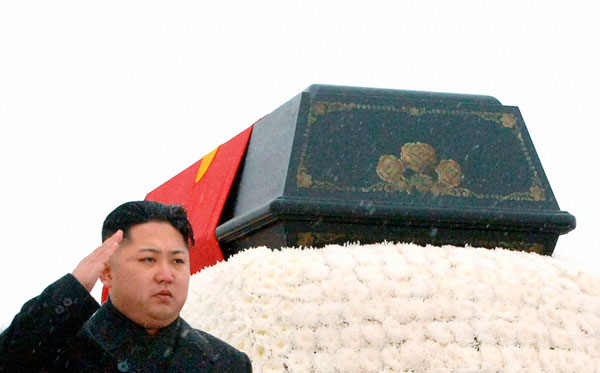 		<p>North Korea's new leader Kim Jong-un salutes as he accompanies the hearse carrying the coffin of late North Korean leader Kim Jong-il during his funeral procession in Pyongyang in this photo taken by Kyodo December 28, 2011. North Korea's military st