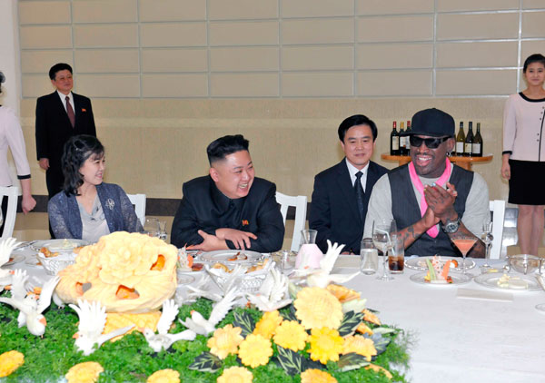 		<p>Kim Jong-Un and former NBA basketball player Dennis Rodman on March 1, 2013. North Korea's KCNA news agency reported that a mixed basketball game of visiting U.S. basketball players and North Korean players was held at Ryugyong Jong Ju Yong Gymnasium