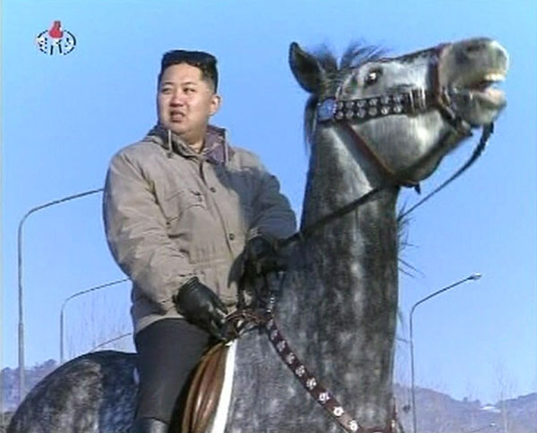 		<p>Kim Jong-un, rides a horse in this undated still image taken from video at an unknown location released by North Korean state TV KRT on January 8, 2012. North Korea's state television broadcasted a new documentary of its supreme commander Kim Jong-un