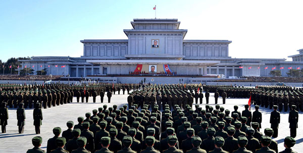 		<p>North Korean soldiers of the three services attend an event to make public a joint decision on renaming the Kumsusan Memorial Palace to the Kumsusan Palace of the Sun, as they pay respects to the country's founder Kim Il-Sung and the late leader Kim 