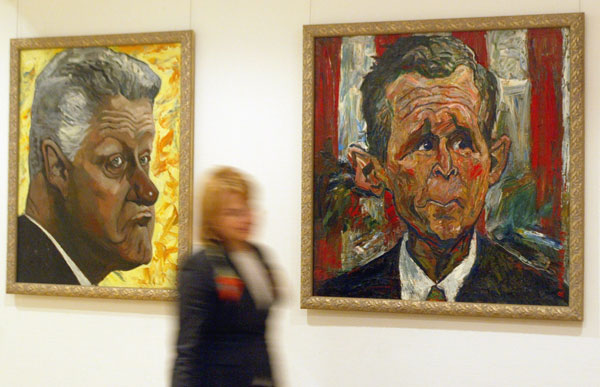 		<p>Former U.S. Presidents frown at their satirical portrayal in a Moscow gallery.</p>