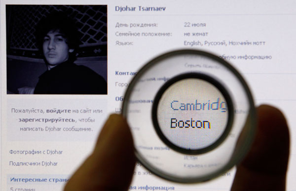 		<p>A photograph of Djohar Tsarnaev, who is believed to be Dzhokhar Tsarnaev, a suspect in the Boston Marathon bombing, is seen on his page of Russian social networking site Vkontakte (VK), as pictured on a monitor in St. Petersburg April 19, 2013. Tsarn