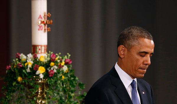 		<p>U.S. President Barack Obama speaks during an interfaith memorial service at the Cathedral of the Holy Cross for the victims of the Boston Marathon bombing in Boston, Massachusetts April 18, 2013.</p>