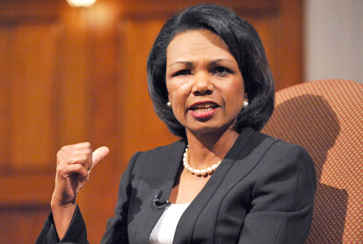 Former U.S. Secretary of State Condoleezza Rice speaks to supporters of the Jewish Primary Day School of the Nation's Capital in Washington, in this handout image from May 3, 2009 at the 6th and I Historic Synagogue. An allergic reaction caused the swelli