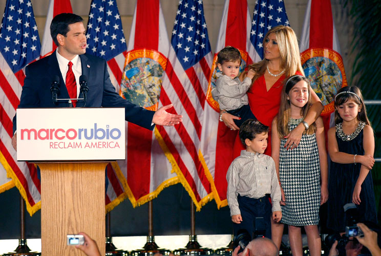 U.S. Republican Senate candidate Marco Rubio (L) stands with his wife Jeanette (R) and their children R-L: Daniella, Amanda, Anthony and Dominic during his victory speech at a rally in Coral Gables, Florida, November 2, 2010. 