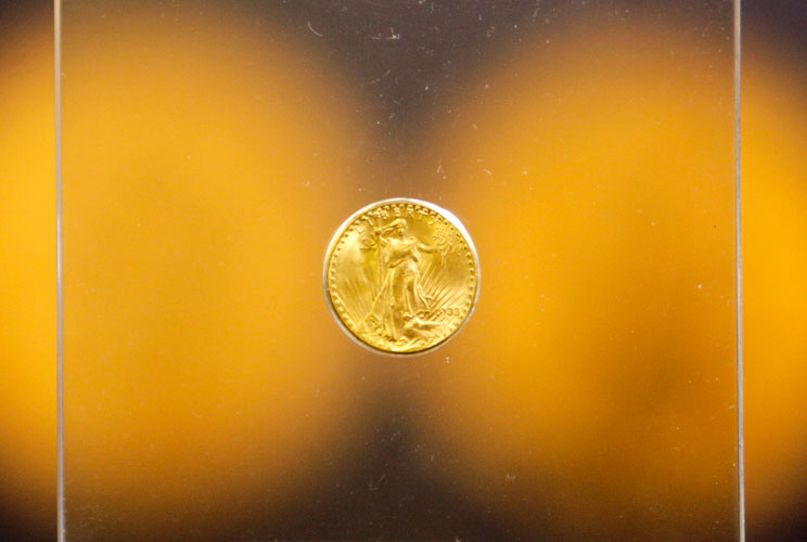 A 1933 "Double Eagle" $20 gold coin is shown on exhibit at the National Museum in Prague, March 12, 2012. The coin, one of two 1933 Saint-Gaudens' gold $20 "Double Eagles" held in the National Numismatic Collection at the Smithsonian since 1934, is on tou