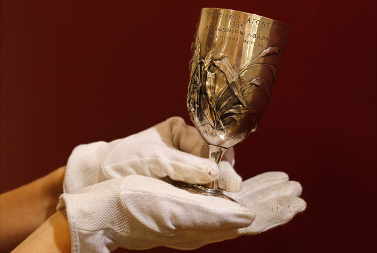 The Breal's Silver Cup, the first ever marathon winner's cup from the first modern Olympic Games in 1896, sold for $865,000 at Christie's auction house in London on April 18, 2012.      