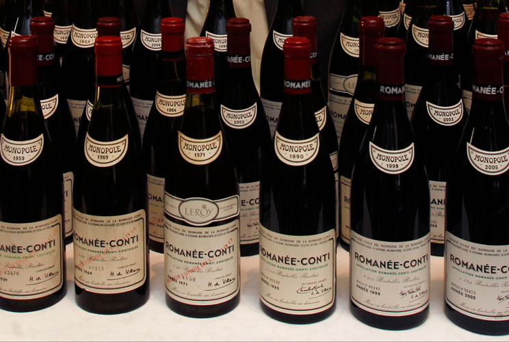 A "Superlot" of 55 bottles of every vintage of Domaine Romanee Conti (DRC) released between 1952 and 2007 (with the exception of 1968, which was never released) are seen here at an auction preview in Hong Kong, December 7, 2011. The collection, regarded a