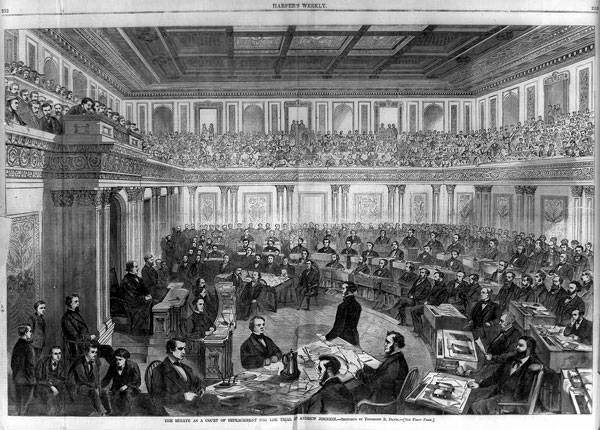 		<p>Johnson Administration (D) </p>    <p>On February 24, 1868, President Andrew Johnson became the first president to be impeached. The House charged Johnson with eleven articles of impeachment, including the violation of the Tenure of Office Act (that 