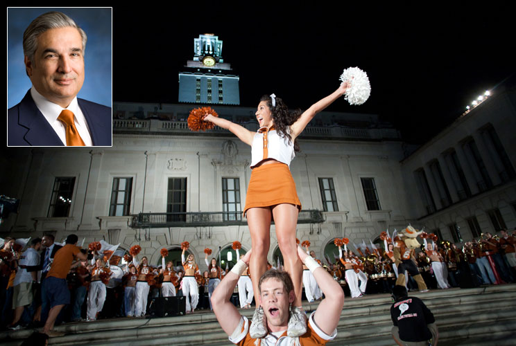 <b>University of Texas</b><br/><b>Base salary:</b> $751,680<br><b>Bonus pay:</b> $0<br><b>Perks:</b> $63,893 pension contribution<br>    <b>Tenure:</b> 2009–Present<br/><b>In-state tuition and fees:</b> $6,869 to $11,168, depending on the school