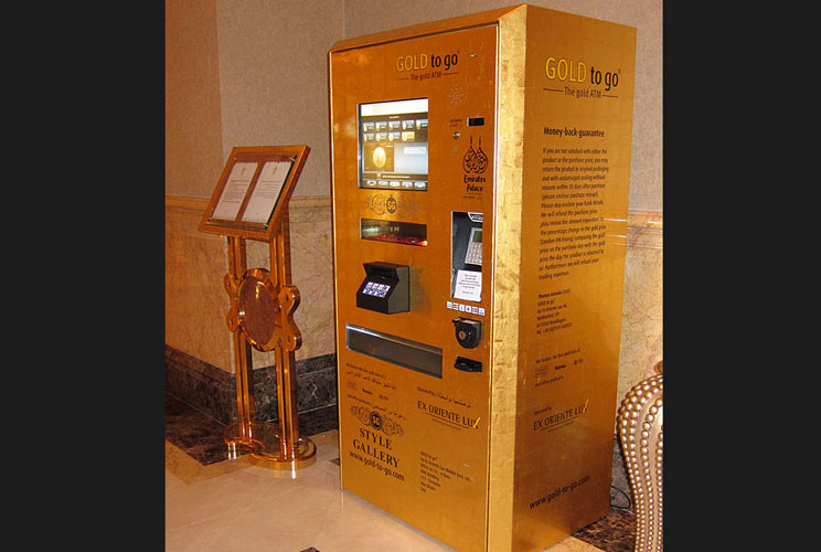 Gold to Go is designed to dispense items made of pure gold from automated banking vending machines. The first gold-plated vending machine, located in the lobby of the Emirates Palace hotel in Abu Dhabi, dispenses 320 items made of gold, including 10-gram 