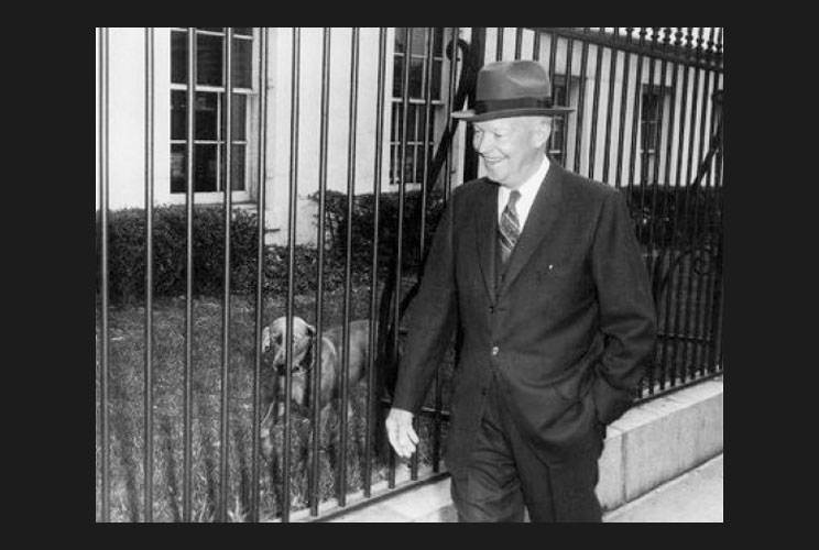 President Dwight Eisenhower walks by Heidi, his Weimaraner, as he returns to the White House following a press conference on March 11, 1959 at the Executive Office Building, which today is named the Eisenhower Executive Office Building in memory of the 34