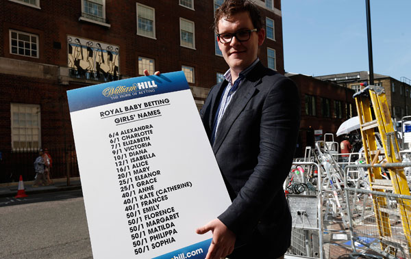 		<p>William Hill press officer, Joe Crilly, holds a board showing the odds for possible girls names for the royal baby, outside the Lindo Wing of St Mary's Hospital, where Kate would give birth.</p>