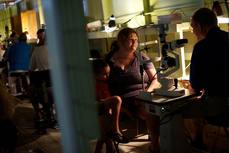 A patient has an eye exam. 