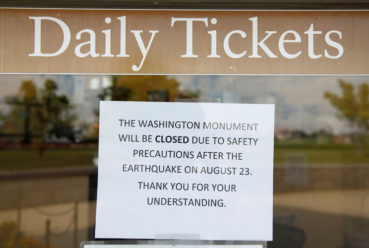 (August 24, 2011)<br/>A rare East Coast earthquake with a magnitude of 5.9 shuttered federal government buildings and schools throughout Washington, sent scores of D.C. residents to shelters, and even put a crack in the Washington Monument. At least three