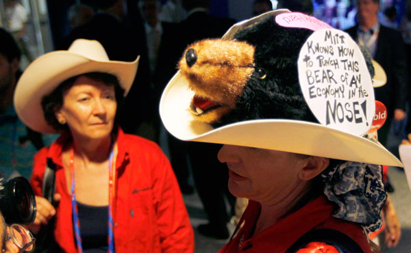 		<p class="p1">    </p>    <p class="p1"></p><p class="p1"></p><p class="p1"></p><p class="p1">A convention goer sports a cowboy hat with a stuffed toy bear head and a message at the second session of the 2012 Republican National Convention in Tampa, Flo