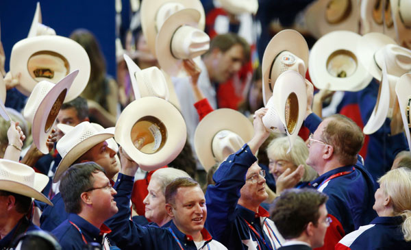 		<p class="p1">    </p>    <p class="p1"></p><p class="p1"></p><p class="p1"></p><p class="p1"></p><p class="p1">Texas delegates wave their hats to the music on the floor of the Republican National Convention in Tampa, Florida, August 28, 2012. </p><p></