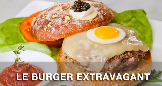 		<p>Found at Serendipity 3 in Manhattan, “Le Burger Extravagant” isn’t your typical hamburger. The bun—a campagna roll – is dusted with gold specs, spread with white truffle butter, and topped with blini, crème fraiche and caviar from Quzhou, China. Insi