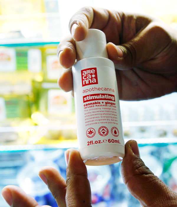 		<p class="p1">A bottle of massage lotion infused with cannabis is displayed for sale at a medical marijuana center in Denver. </p>