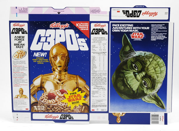 Seriously, a CP3O cereal? During the early Star Wars craze, cereals were but a tiny fragment of the huge retail market. "Introduced by Kellogg’s, C3P0s were similar to Cheerios in appearance, although they were shaped like the numeral eight, or more color