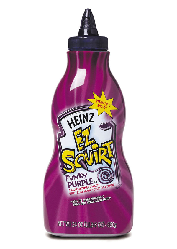 		<p>Once upon a time (not that long ago, in fact), kids could make "psychedelic purple flowers on hamburger buns and purple racing stripes on hot dogs" with a single squirt from a bottle of purple Heinz "EZ squirt" ketchup.</p>