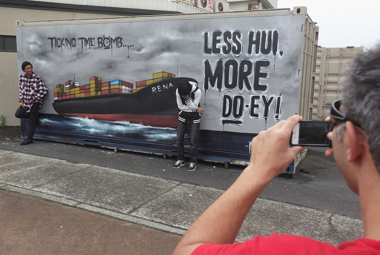 A mural, painted in 24 hours, illustrates the feelings of local residents on October 11, 2011 in Tauranga, New Zealand. 