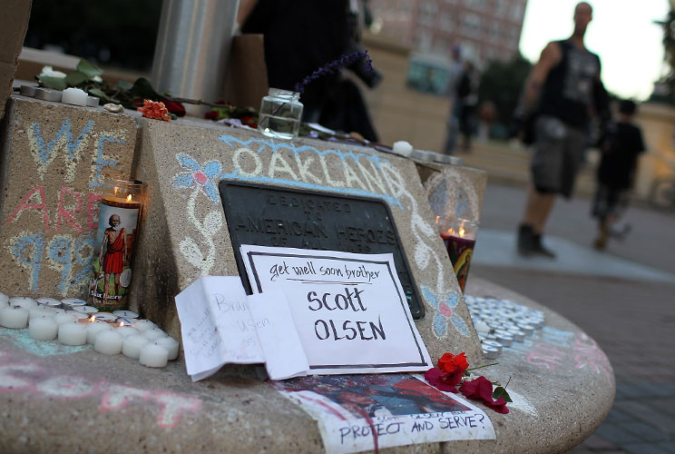 A memorial for Scott Olsen, an Iraq veteran who was severely injured during a standoff between Occupy Oakland and Oakland police, is set up near the Occupy Oakland encampment on October 27, 2011 in Oakland, California.  Former U.S. Marine and Iraq war vet