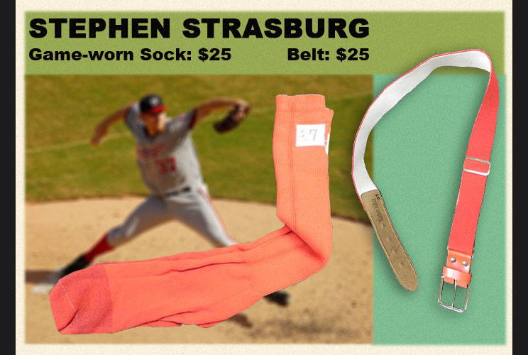 The Washington Nationals young pitching phenom made a start for the minor league Syracuse Chiefs as he worked his way back following arm surgery. Strasburg’s hat, jersey, belt and socks are all being auctioned online, as is the laundry loop used when wash