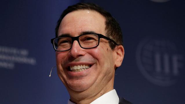 U.S. Treasury Secretary Steven Mnuchin smiles during the 2017 Institute of International Finance (IIF) policy summit in Washington