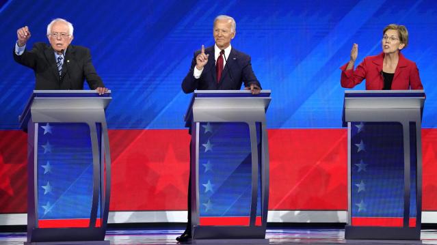 Senator Bernie Sanders, former Vice President Joe Biden and Senator Elizabeth Warren participate in the 2020 Democratic U.S. presidential debate in Houston
