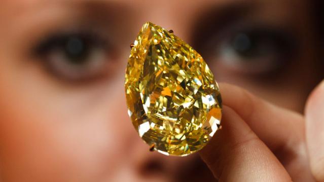 The Sun-Drop diamond of South Africa has been graded "fancy vivid yellow," the highest color grading for a yellow diamond. The 110.03 carats diamond sold for more than $10.9 million dollars at Sotheby's last November.