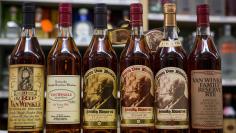 Bottles of Pappy Van Winkle whiskey are displayed in a Liquor Store in New York 