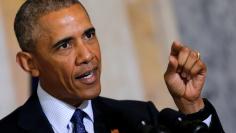 U.S. President Barack Obama delivers a statement after a meeting with his national security team at the Treasury Department in Washington, U.S.