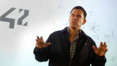 Peter Thiel, the Silicon Valley investor who co-founded PayPal, talks to students during his visit  to the 42 school campus in Paris