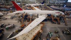 Workers at South Carolina Boeing work on a 787 Dreamliner for Air India at the plant's final assembly building in North Charleston