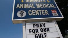 A sign reads 'Pray for our Gulf' in front of an animal medical center in Bienville, Mississippi.