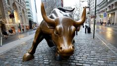 The Wall Street bull is seen in the financial district in New York