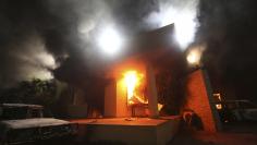 The U.S. Consulate in Benghazi is seen in flames 